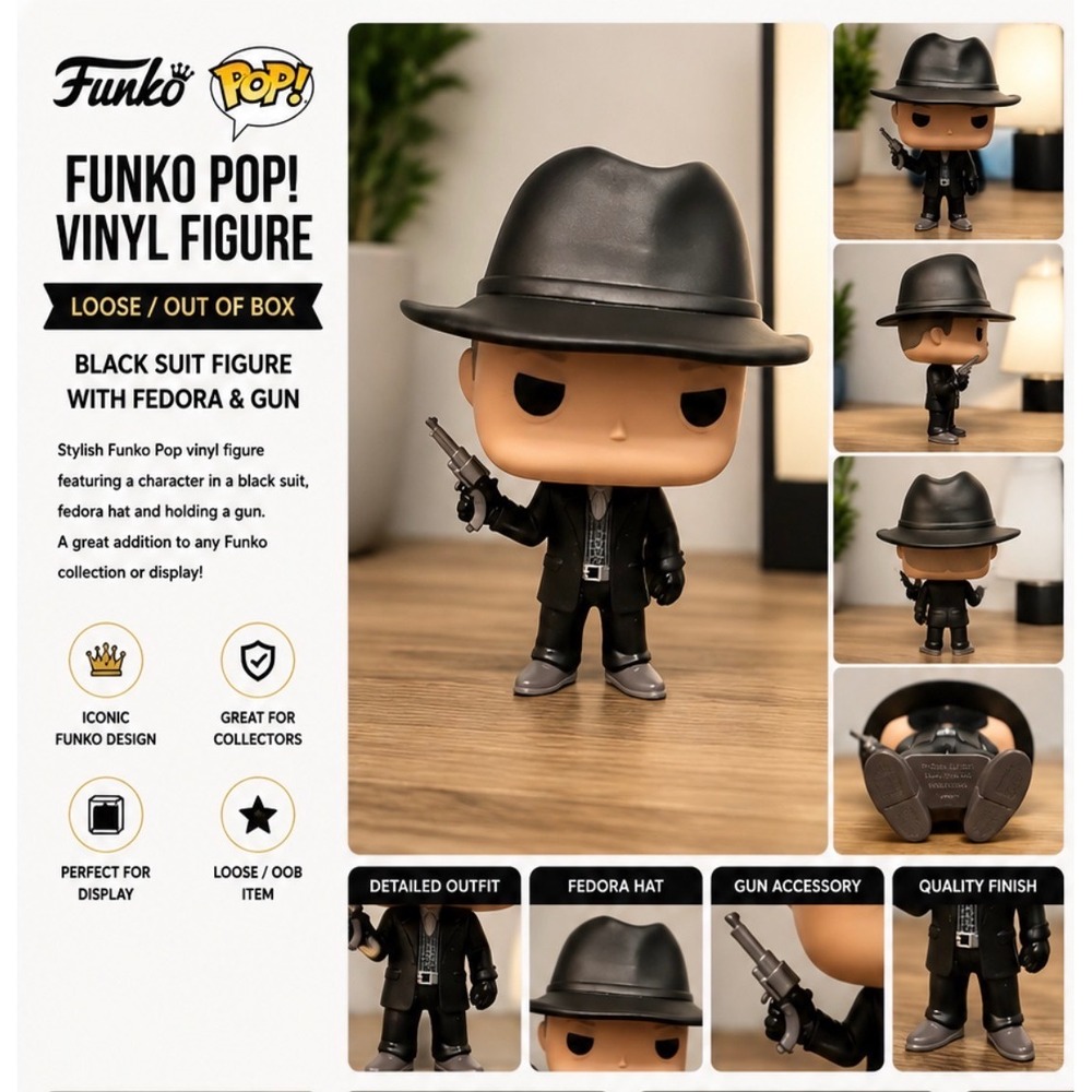Funko Pop Vinyl Figure Black Suit Fedora Hat Holding Gun Loose OOB Collectible
